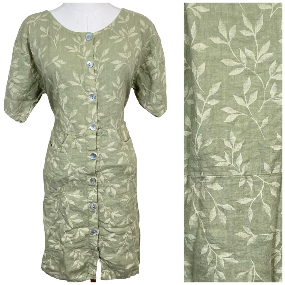 Subtle Tones Leaf Print Button Up Dress Womens S Green Linen Oversized Lagenlook